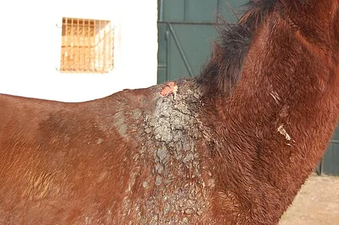 fistulous withers: inflammation of the serous bursa of withers in horses which bursts outside, creating a fistula