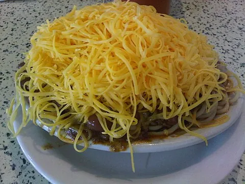 five-way: a serving of Cincinnati chili with spaghetti, cheese, onions, and beans