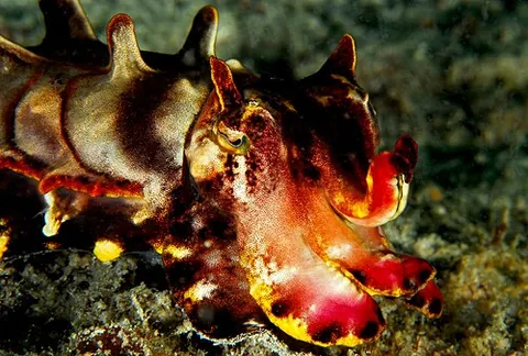 flamboyant cuttlefish: a brightly-coloured species of cuttlefish, Metasepia pfefferi, found in tropical Indo-Pacific waters
