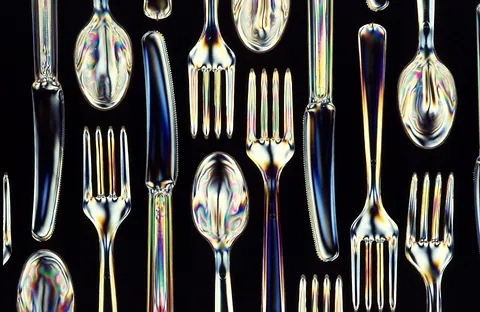 flatware: eating utensils; cutlery, such as forks, knives and spoons