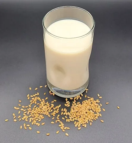 flax milk: a milky liquid made from flax and used as a milk substitute, cooking ingredient or beverage