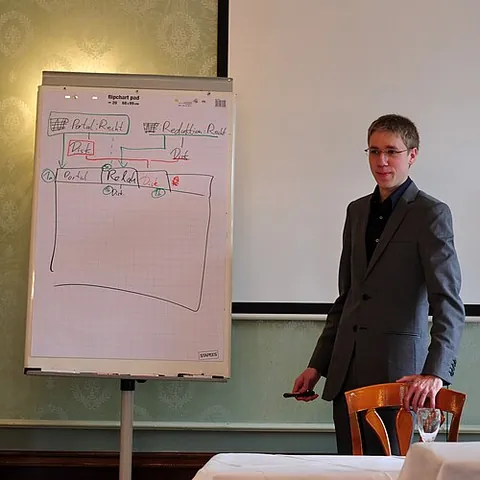 flip chart: a large pad, usually supported on a stand, used for (typically handwritten) presentations