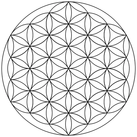 flower of life: a hexagonal pattern of overlapping circles, associated with the New Age movement and sacred geometry