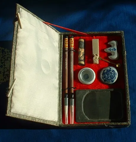 four treasures of the study: the brush, ink, paper and inkstone used in Chinese and other East Asian calligraphic traditions