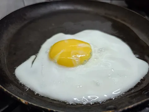 fried egg: an egg that has been shallow-fried on one or both sides without being beaten or stirred