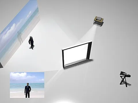 front projection: a cinematic technique in which live action is filmed in front of a highly reflective screen, so...