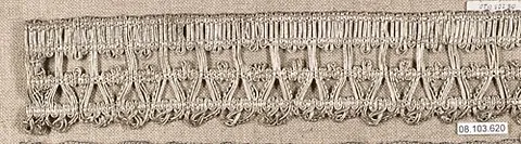 galloon: a braided trimming with bullion thread, used on men's coats in the eighteenth century, on women's...