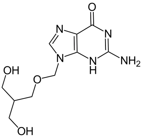 ganciclovir: an antiviral medication C₉H₁₃N₅O₄ related to acyclovir and used especially to treat or prevent...