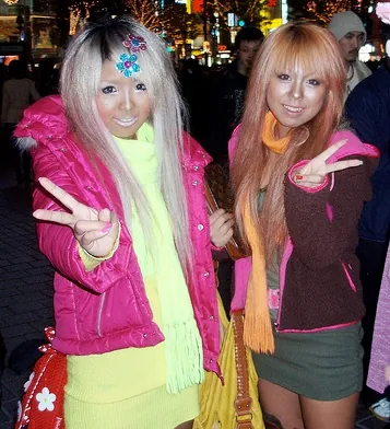 ganguro: a Japanese girl fashion trend involving dyeing the hair and tanning the skin