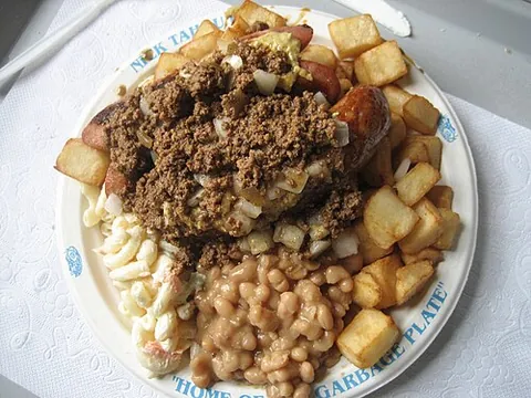 garbage plate: a large serving of mixed fast foods, such as hamburger patties, fries, macaroni salad, etc