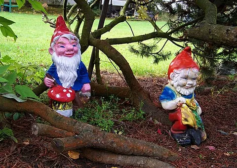 garden gnome: a small statue of a gnome used as a garden ornament