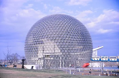 geodesic dome: a domed structure of lightweight straight elements forming interlocking polygons