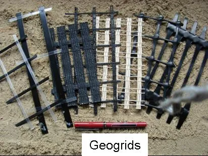 geogrid: a grid of geosynthetic material used to reinforce soil and other materials