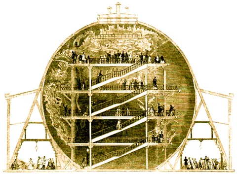 georama: a hollow globe with a map of the world on its inner surface, so as to be visible from inside