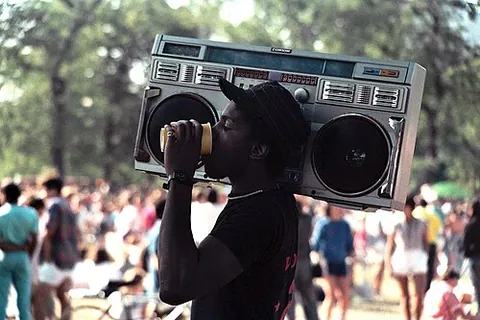 ghetto blaster: a portable stereo system capable of playing music (from several sources) at a relatively high...