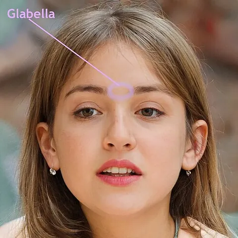 glabella: the space between the eyebrows and above the nose