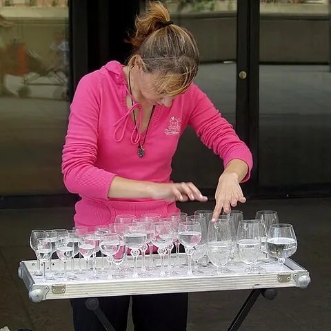 glass harp: a musical instrument consisting of glasses (typically wine glasses) tuned by putting different...