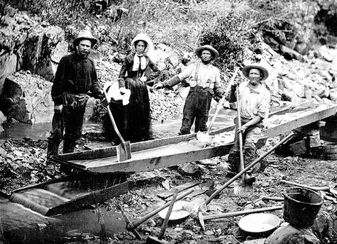 gold rush: any period of feverish migration into an area in which gold has been discovered
