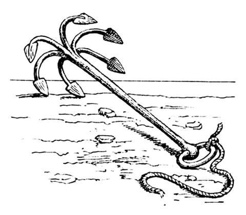 grappling hook: a type of hook attached to a line and designed to be thrown at a target (e.g. rigging of an enemy...