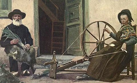 great wheel: a type of spinning wheel with a large drive wheel, turned by hand rather than a treadle