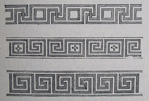 greek key: a decorative border constructed from a continuous line, shaped into a repeated motif, that is...
