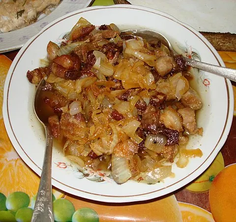 gribenes: a snack food in Eastern European Jewish cuisine, combining cracklings of chicken or goose skin with...