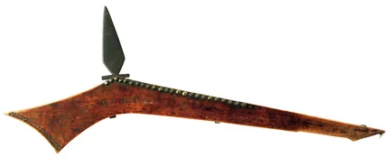 gunstock war club: a Native American wooden club once used for war, now used ceremonially, with the appearance of the...