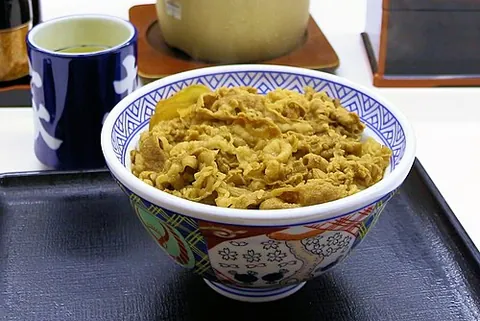 gyudon: a Japanese dish of rice topped with beef and onion simmered in a mildly sweet sauce