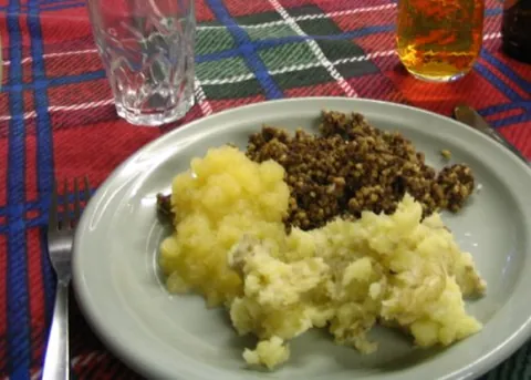 haggis: a traditional Scottish dish made from minced sheep offal with oatmeal and spices, etc., originally...
