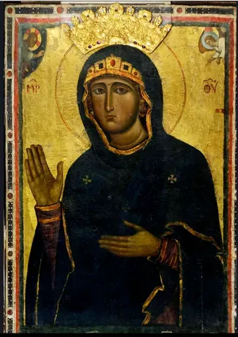 hagiosoritissa: showing the Virgin Mary without child, slightly from the side, and with both hands raised in prayer