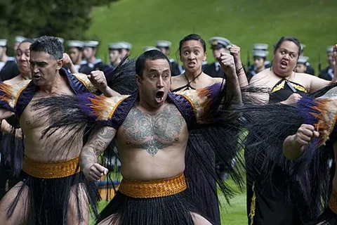 haka: a group dance of New Zealand's Māori people featuring rhythmic chanting, vigorous facial and arm...