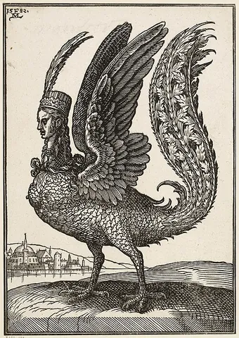 harpy: a mythological creature generally depicted as a bird-of-prey with the head of a maiden, a face pale...