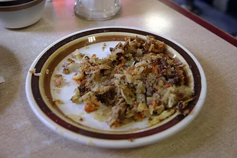 hash: food, especially meat and potatoes, chopped and mixed together