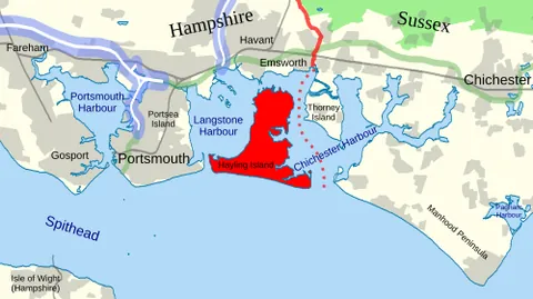 hayling island: an island which is part of Havant borough, Hampshire, England (OS grid refs SU70, SZ79)