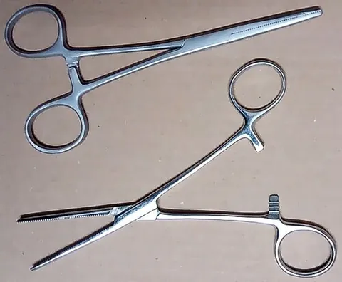 hemostat: an instrument that clamps blood vessels to diminish or halt blood flow