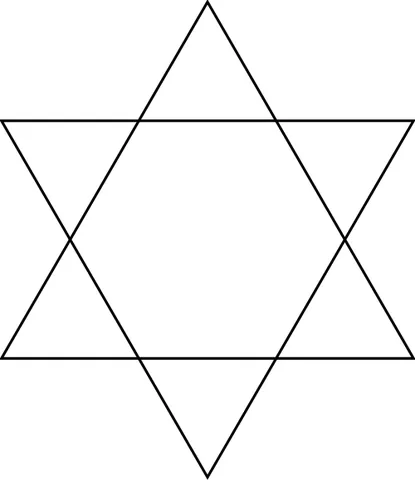 hexagram: a hollow six-pointed star formed by overlapping two equilateral triangles