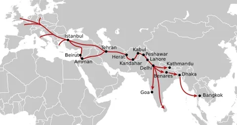hippie trail: the journeys taken by hippies and others in the 1960s and 1970s, typically involving cheap travel