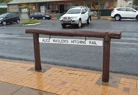 hitching rail: a horizontal rail with vertical supports to which a horse can be hitched, or tied up to