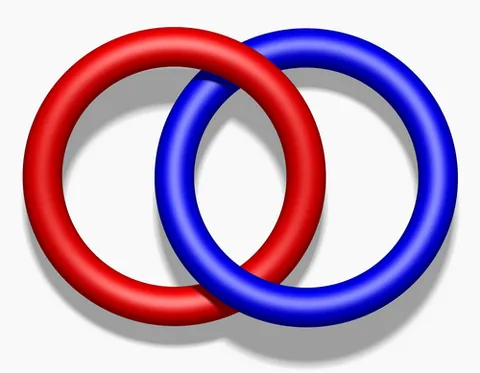 hopf link: the simplest interlinkage of two loops; two interlinked rings