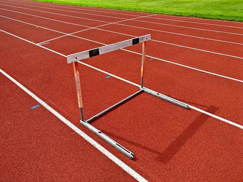 hurdle: an artificial barrier, variously constructed, over which athletes or horses jump in a race