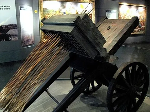 hwacha: a mid-16th-century Korean weapon that launched a barrage of rockets or arrows at enemies using...