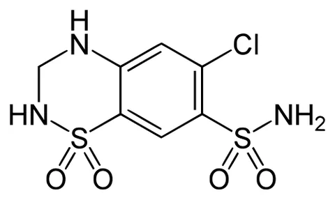 hydrochlorothiazide: a diuretic drug, with the chemical formula C₇H₈ClN₃O₄S₂, that inhibits the kidneys' ability to...