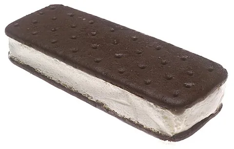 ice cream sandwich: a dessert consisting of a layer of ice cream between two cookies, often thin chocolate wafers