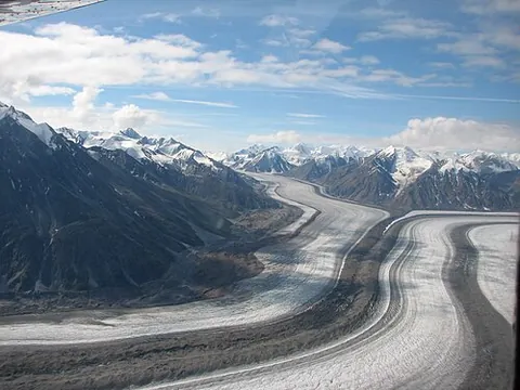 ice field: a network of interconnected glaciers or ice streams having a common source