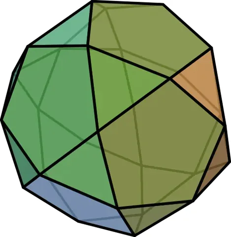 icosidodecahedron: an Archimedean solid with thirty-two regular faces (twelve pentagons and twenty triangles)