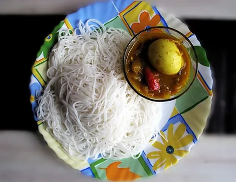 idiyappam: rice noodles, as prepared in the cuisines of South India and Sri Lanka