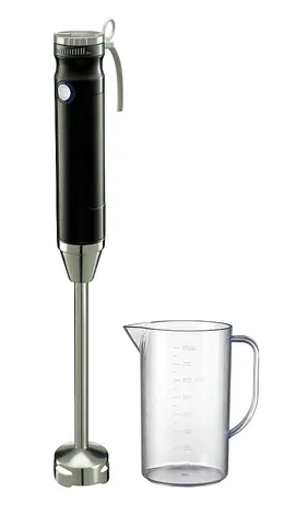 immersion blender: a long, electric, hand-held tool with sharp blades at the end, designed for immersion into food to...