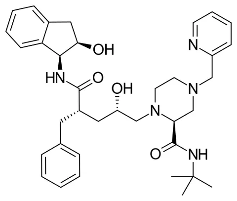 indinavir: an antiretroviral drug C₃₆H₄₇N₅O₄ of the protease inhibitor class that is used in the form of its...