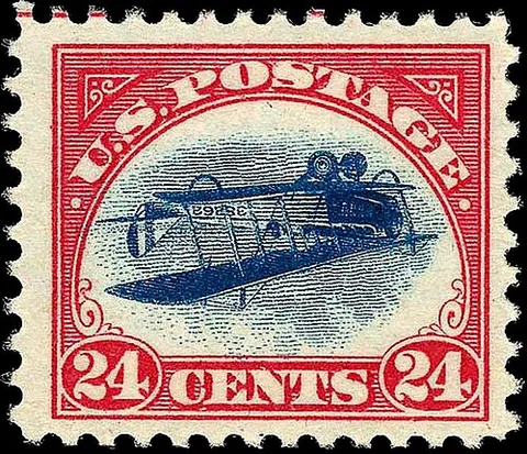 inverted jenny: a 24-cent US postage stamp first issued in 1918, featuring an inverted airplane