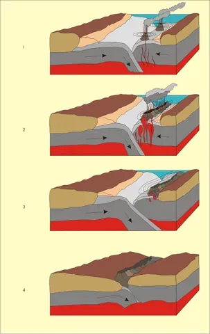 island arc: a long chain of active volcanoes with intense seismic activity found along convergent tectonic...